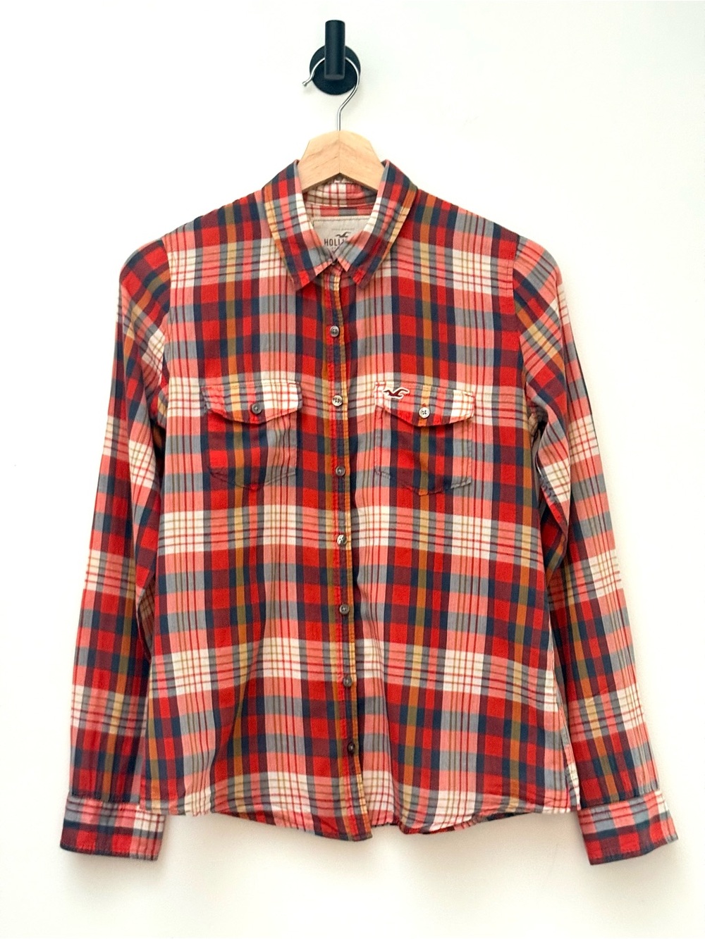 Vintage Y2K Hollister Plaid Button Down Shirt Seagull Logo Women’s 100% Cotton